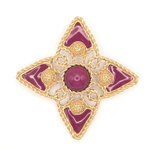 Monet Vintage Gold Tone Burgundy Starburst Brooch Enamel Statement Pin